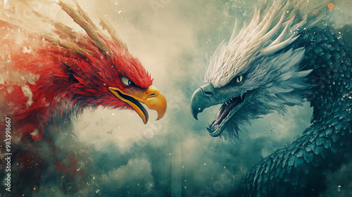 Epic artwork featuring a fierce confrontation between a fiery phoenix and a menacing dragon amidst a mystical background.