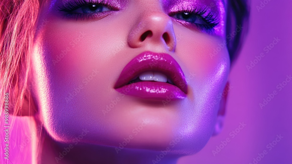 Close-up of a Woman's Face with Pink and Purple Makeup Close-up of a Woman's Face with Pink and Purple Makeup