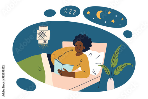 Relaxing bedtime scene with person reading in bed, woman relaxing before sleep, cozy decor, night sky, interior plants. Flat vector illustration in cartoon style, evening routine themes