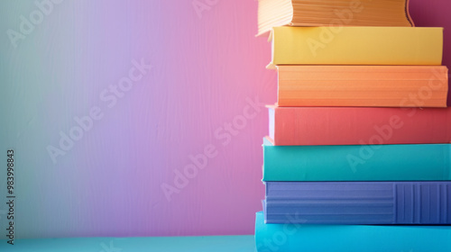 A stack of vibrant colored books against a pastel background with ample space for text placement