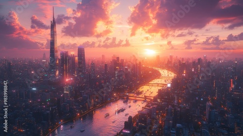 Sunset Over a Modern City Skyline by River Generative AI