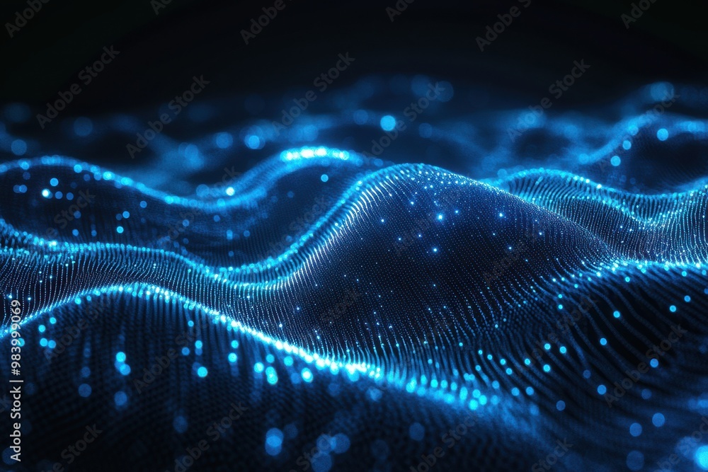 Flowing, wave-like lines of glowing blue dots and intricate connections create a mesmerizing visual Flowing, wave-like lines of glowing blue dots and intricate connections create a mesmerizing visual