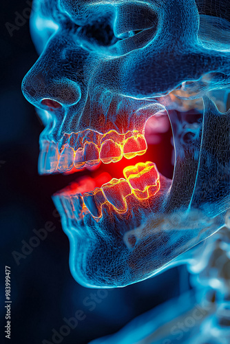 A skull with teeth that are glowing red. AI Generated