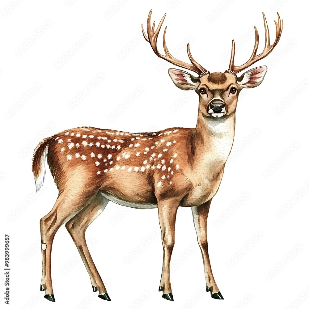 Watercolor illustration of a spotted deer with antlers standing on a white background. Watercolor illustration of a spotted deer with antlers standing on a white background.