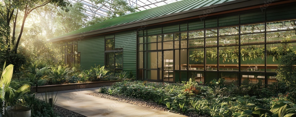 Fototapeta premium A botanical research lab with green James Hardie siding, integrated into a conservatory, using advanced sustainable features to study plant species in a controlled yet natural setting