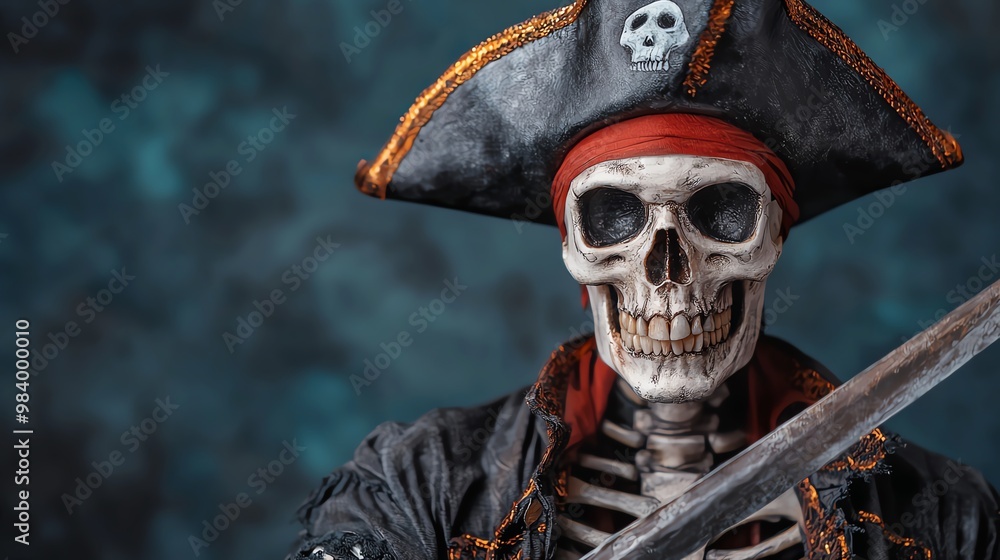 Pirate skeleton captain, guarding haunted treasure, eerie atmosphere, Watercolor style, Halloween Pirates Pirate skeleton captain, guarding haunted treasure, eerie atmosphere, Watercolor style, Halloween Pirates