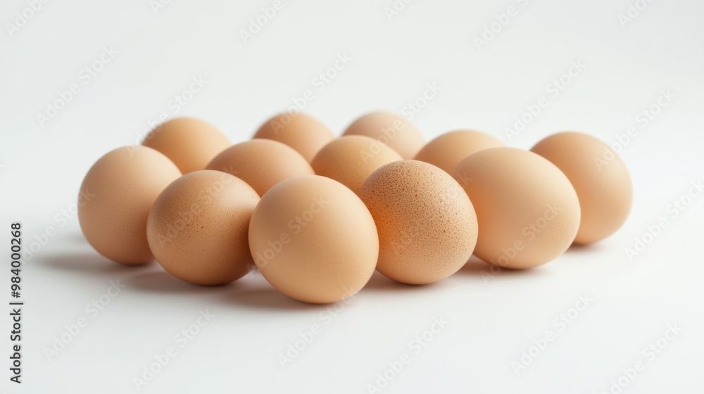 A cluster of fresh eggs neatly arranged on a clean white surface offering a simple and minimalist composition perfect for culinary or organic farming concepts A cluster of fresh eggs neatly arranged on a clean white surface offering a simple and minimalist composition perfect for culinary or organic farming concepts