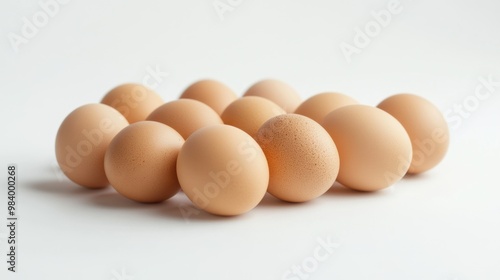 A cluster of fresh eggs neatly arranged on a clean white surface offering a simple and minimalist composition perfect for culinary or organic farming concepts