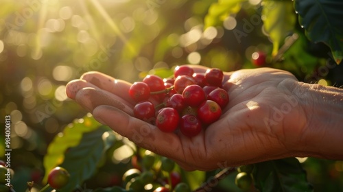 Freshly picked coffee cherries in hand, sunlight shining through leaves, a symbol of organic farming and rich flavors of coffee.
