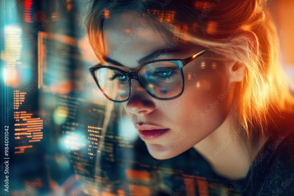 Woman analyzing documents with digital overlay a focused woman wearing glasses Woman analyzing documents with digital overlay a focused woman wearing glasses