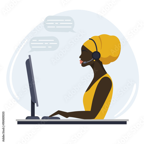 The operator of the African girl call center at the workplace answers calls and messages. Flat style