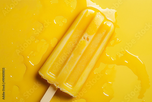 Melting yellow popsicle with bite marks on yellow background