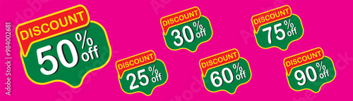 Discount buy now label pop-up banner green stickers with different sale percentage. 25, 30, 60, 50, 75, 90 percent off price reduction badge promotion
