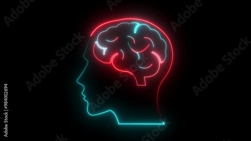 Wallpaper Mural Brain and human head icon, Human head line icon animation. Human head with neon brain emblem, medicine, sign, human body part, and human brain. Glowing neon human head on black background.  Torontodigital.ca