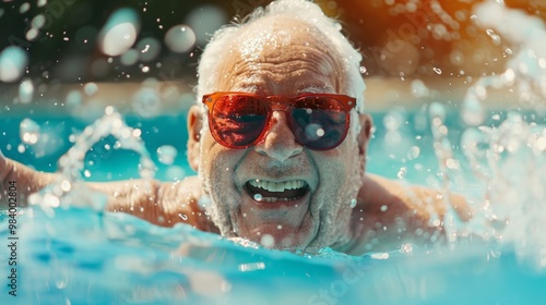 Happy Elderly Man Swimming in Pool with Sunglasses, Enjoying Summer Fun and Joyful Moments in Water Splashes