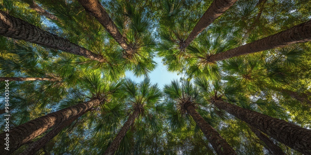 Fototapeta premium canopy of palm trees overhead 