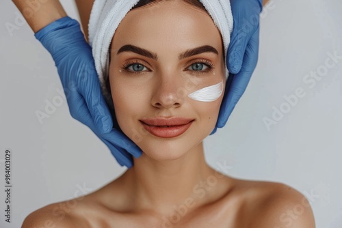 A beautiful woman is getting a facial treatment. Her skin glows with care. Blue gloves for hygiene. Capturing beauty and wellness in the spa. Generative AI photo