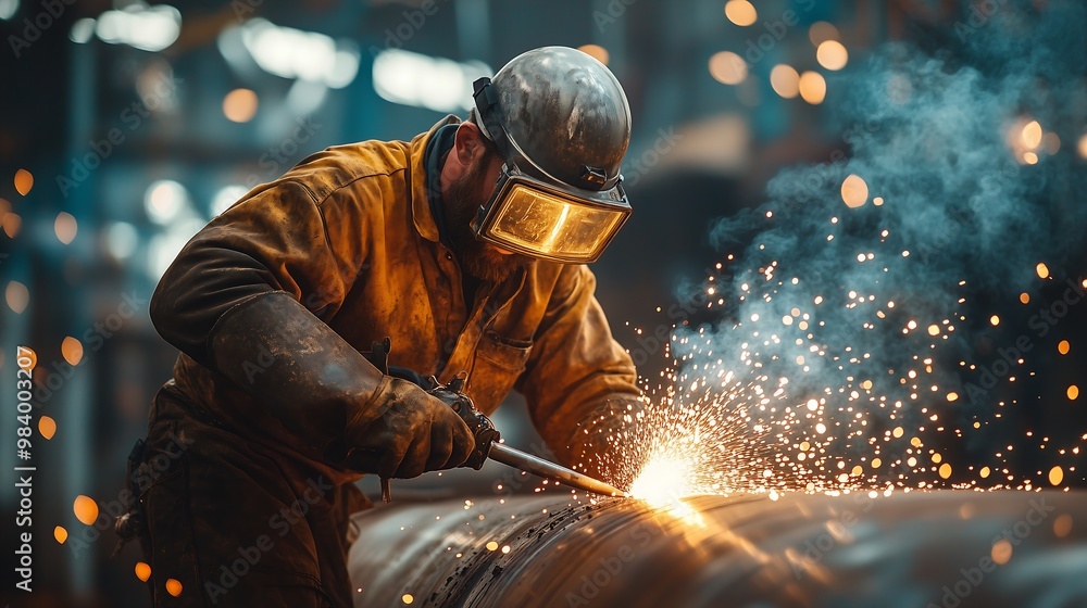 A rugged workman in heavy protective gear, holding a bright torch, flame-cutting through a massive steel tank A rugged workman in heavy protective gear, holding a bright torch, flame-cutting through a massive steel tank