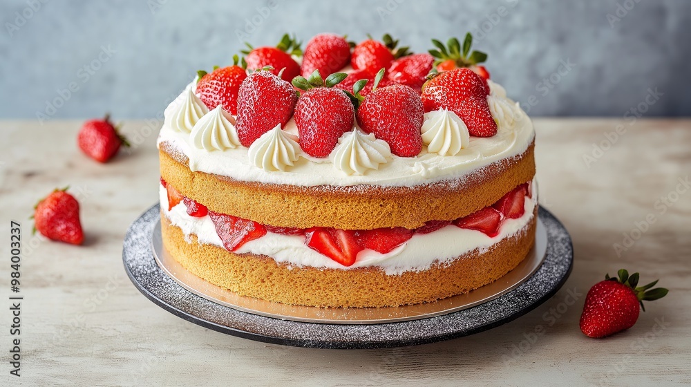 whole victoria sandwich cake, decorated with strawberries whole victoria sandwich cake, decorated with strawberries