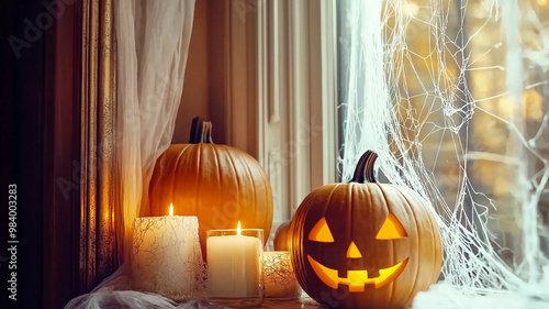 Cozy Halloween Decor with Glowing Jack-o'-Lanterns and Candlelight photo