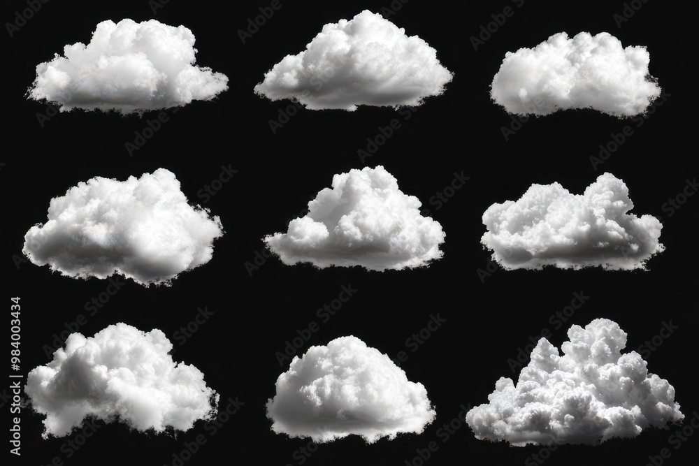 A collection of 12 fluffy, white clouds in different shapes and sizes, isolated on a black background