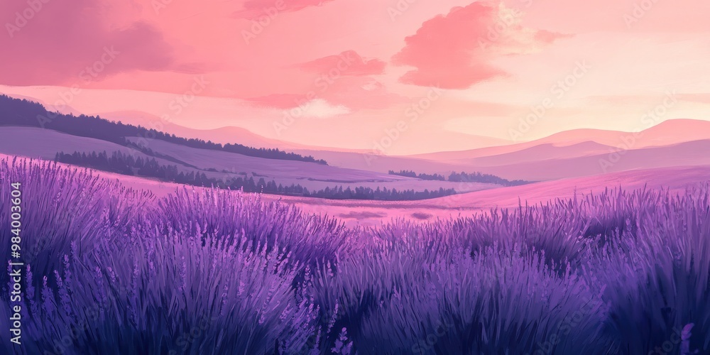 Obraz premium field of lavender under a pink sky 