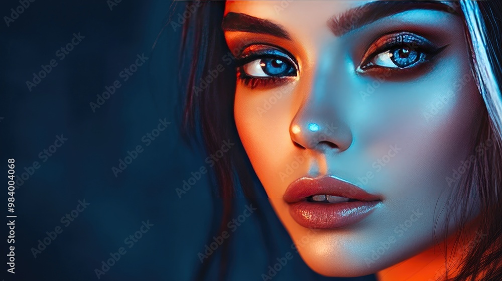 Close-up of a woman's face with colorful lighting and makeup Close-up of a woman's face with colorful lighting and makeup