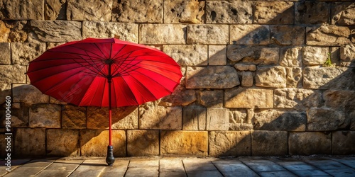 Crimson umbrella takes center stage against a mottled, rough-hewn stone wall, with bold, graphic shadows, and a sense of drama. photo