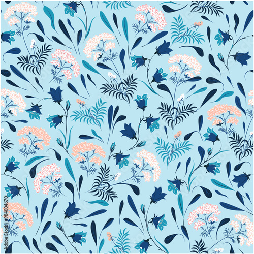 Seamless blue background with flowers: bells, petals, leaves, natural elements with wild flowers. Vector illustration