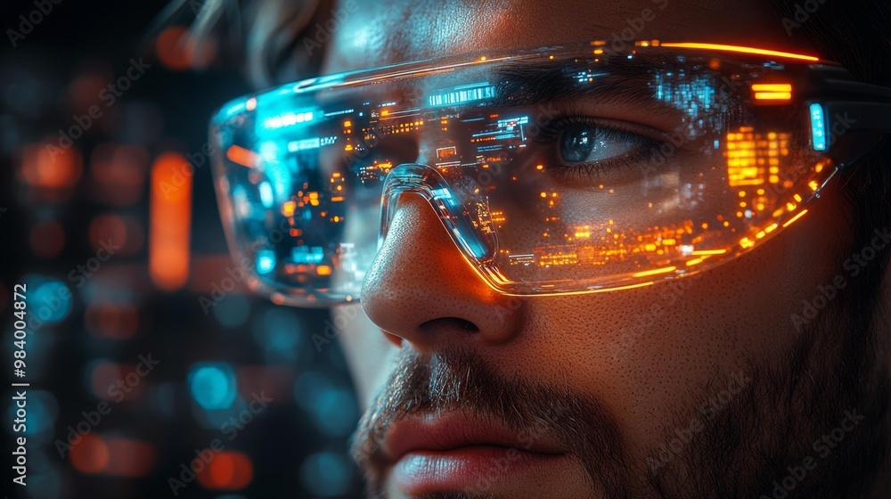 Futuristic man wearing smart AR glasses with digital interface Generative AI Futuristic man wearing smart AR glasses with digital interface Generative AI