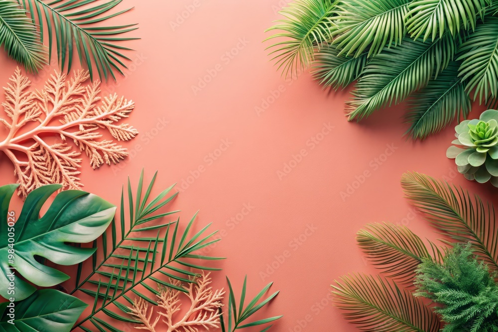 Delicate tendrils of tropical greenery curve around a bright coral background, soft shadows and gentle texture imbuing the scene with warmth and serenity Delicate tendrils of tropical greenery curve around a bright coral background, soft shadows and gentle texture imbuing the scene with warmth and serenity