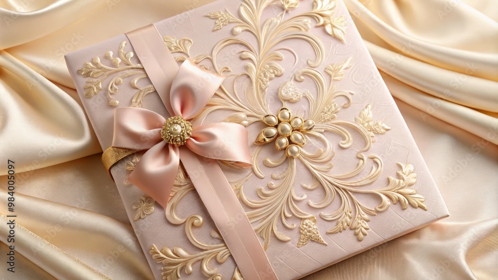 Luxurious invitations beckon with a pale pink canvas, adorned with dainty gold florals, exuding refinement and poise Luxurious invitations beckon with a pale pink canvas, adorned with dainty gold florals, exuding refinement and poise