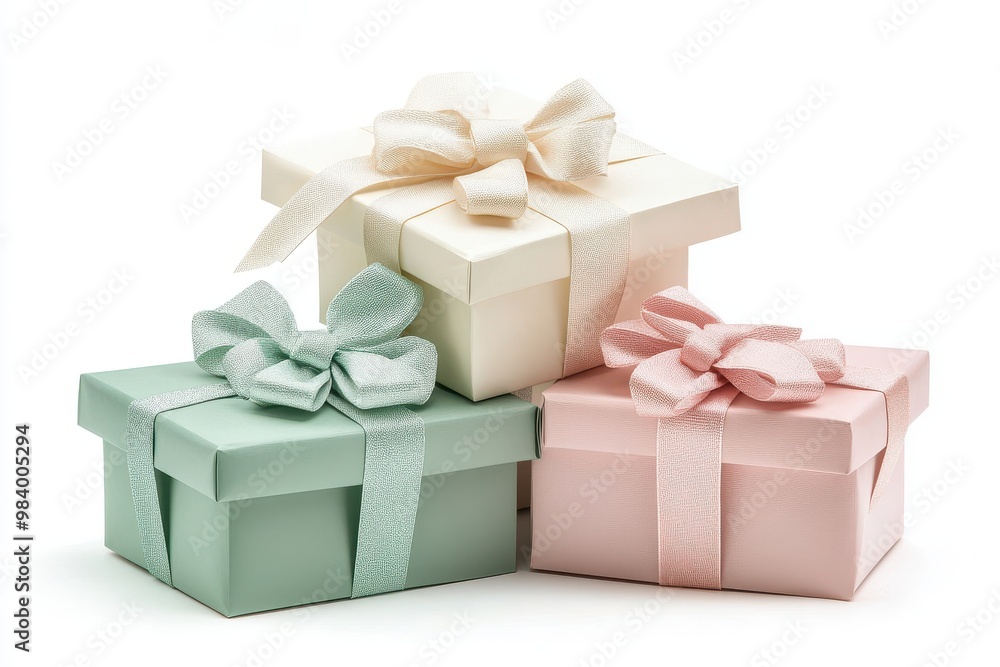 A festive set of 4 gift boxes, wrapped in pastel-colored paper with bows, A festive set of 4 gift boxes, wrapped in pastel-colored paper with bows,