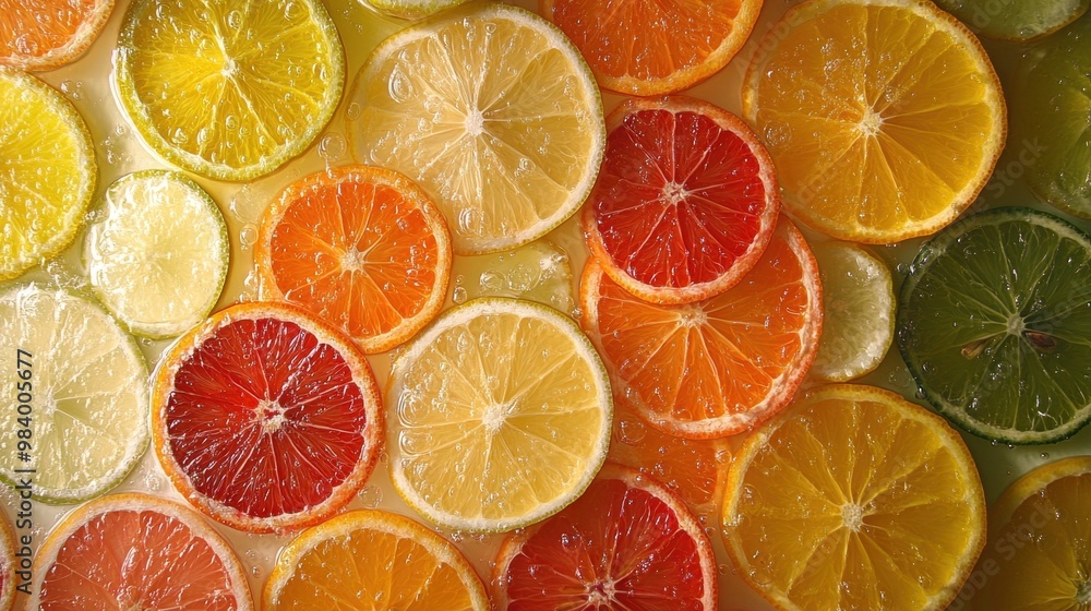 Freshly sliced citrus fruits arranged in a visually striking radial pattern with vibrant colors and glossy textures Freshly sliced citrus fruits arranged in a visually striking radial pattern with vibrant colors and glossy textures