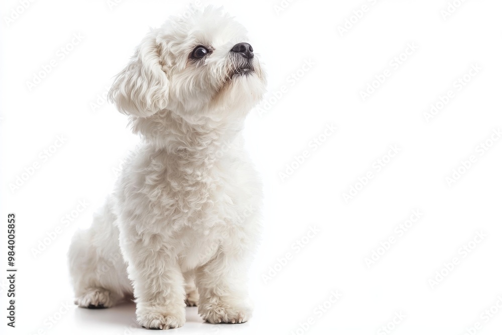 Obraz premium Bichon frise sitting and looking upwards, isolate, on a white background,