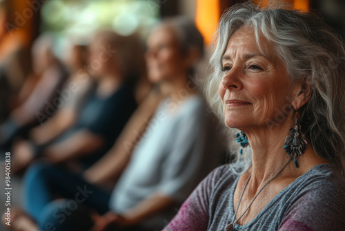 Close-up portrait of senior women at a yoga class, doing breathing exercises in a calm atmosphere. Peaceful, she meditating with a group of people for emotional well-being and mental health care. 