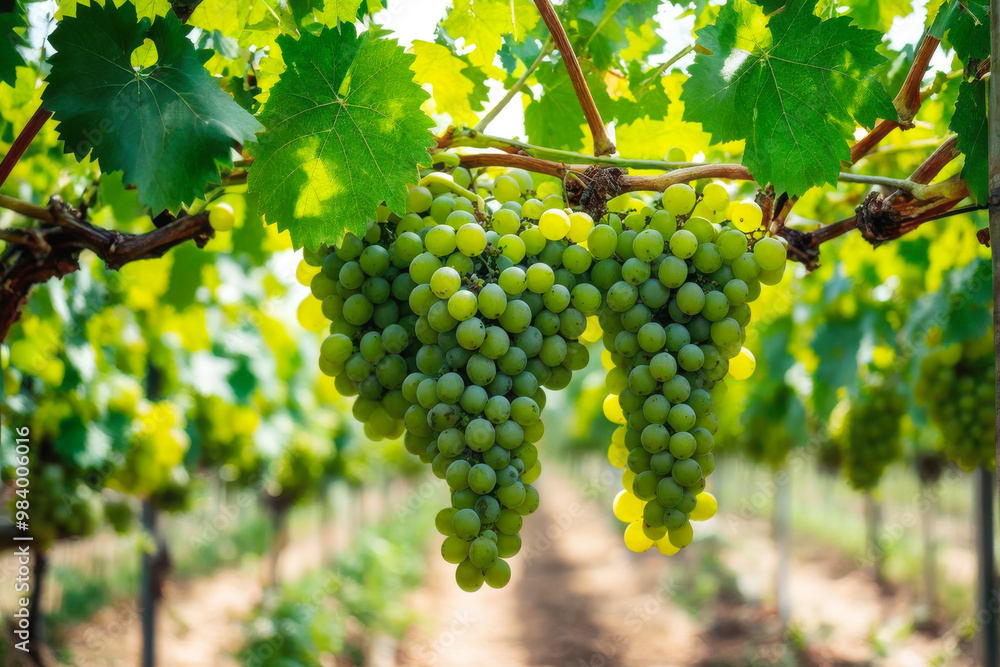 Vibrant clusters of ripe Chardonnay grapes dangle from lush green vines, signaling the peak of the harvest season. generative AI Vibrant clusters of ripe Chardonnay grapes dangle from lush green vines, signaling the peak of the harvest season. generative AI