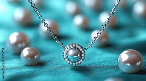 Jewelry, Proposal and Holiday Gift. Fancy Design of a Necklace in Platinum with Diamonds and Pearl. Platinum with Round Pearl and Diamonds.