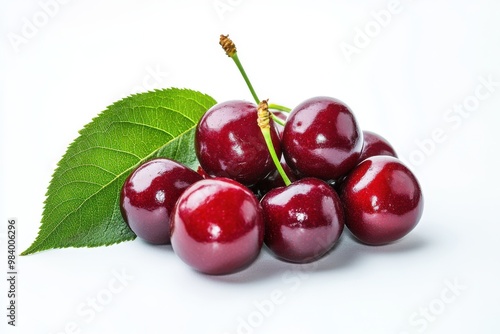 A group of glossy red cherries with green leaves, isolated on a white background