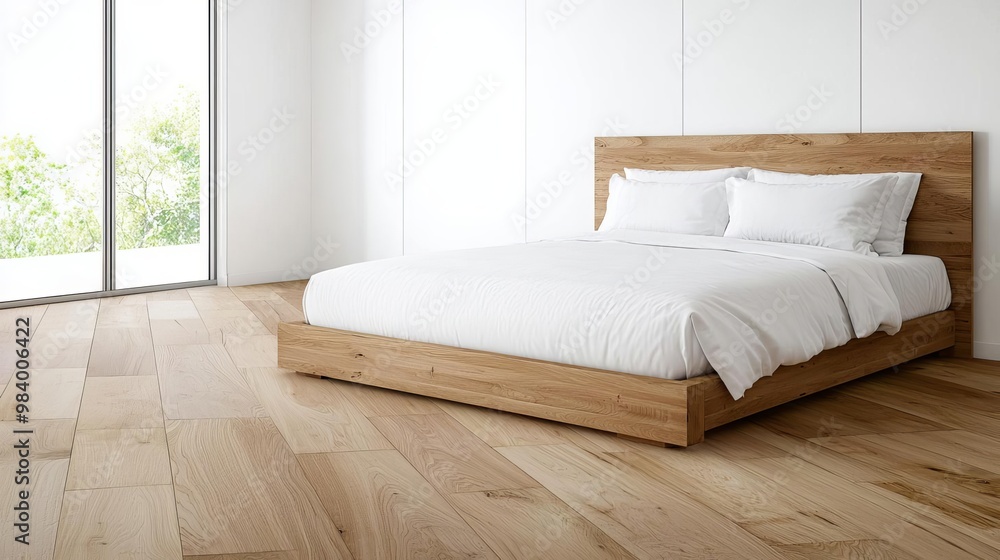 Solid wood bed in a minimalist bedroom, luxurious comfort, crisp white linens, soft natural light from a large window, warm wood floors, clean lines, balanced and serene atmosphere Solid wood bed in a minimalist bedroom, luxurious comfort, crisp white linens, soft natural light from a large window, warm wood floors, clean lines, balanced and serene atmosphere