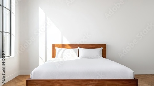 Solid wood bed in a minimalist bedroom, luxurious comfort, crisp white linens, soft natural light from a large window, warm wood floors, clean lines, balanced and serene atmosphere