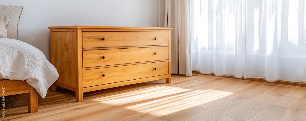 Oak wood dresser in a cozy farmhouse bedroom, rustic charm, neutral-colored bedding, sunlight filtering through sheer curtains, distressed wood floors, warm and inviting ambiance Oak wood dresser in a cozy farmhouse bedroom, rustic charm, neutral-colored bedding, sunlight filtering through sheer curtains, distressed wood floors, warm and inviting ambiance