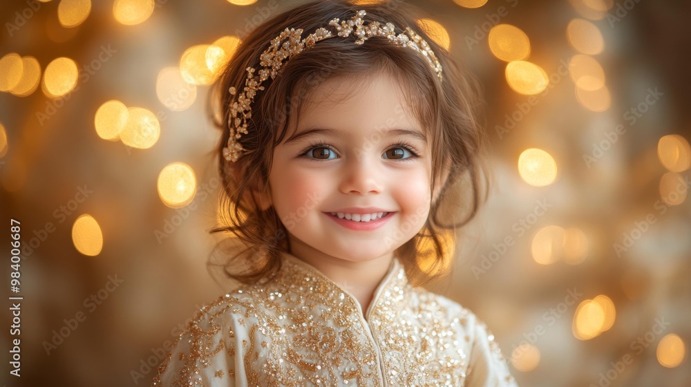 Smiling Little Girl in Festive Attire with Bokeh Lights Generative AI Smiling Little Girl in Festive Attire with Bokeh Lights Generative AI