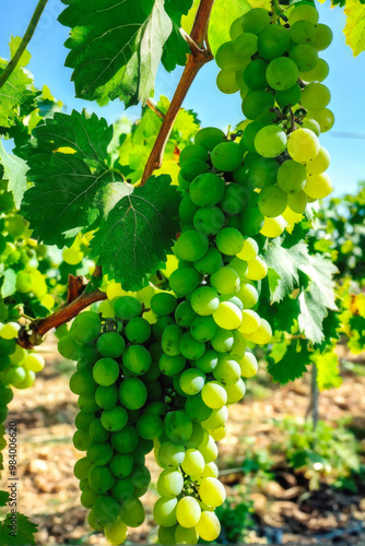 Wallpaper Mural Vibrant clusters of ripe Chardonnay grapes dangle from lush green vines, signaling the peak of the harvest season. generative AI Torontodigital.ca