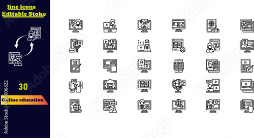 Online education stroke icon set, featuring icons for video tutorials, e-learning, online courses, audio lessons, educational websites, and digital learning.