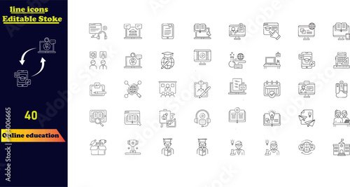 Online education stroke icon set, featuring icons for video tutorials, e-learning, online courses, audio lessons, educational websites, and digital learning.