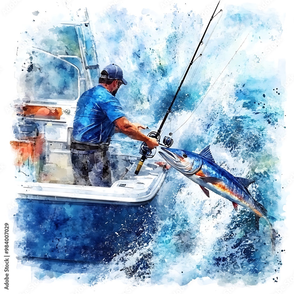 Obraz premium Watercolor Illustration of a Fisherman Battling a Large Fish.
