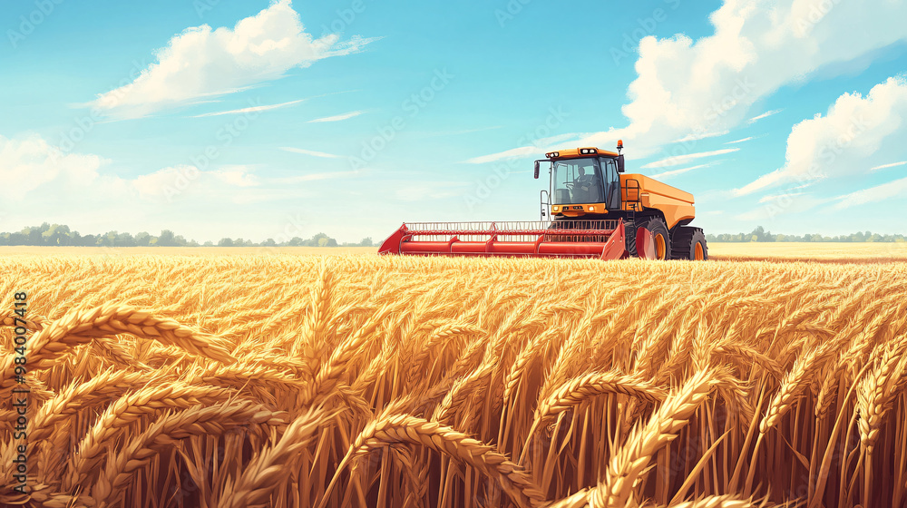 Obraz premium Wheat harvesting on field in summer season. modern harvesters with grain header, wide chaff spreader cut and threshes ripe wheat grain . Process of gathering crop by agricultural machinery