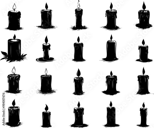 lit candle silhouette set illustration, black and white