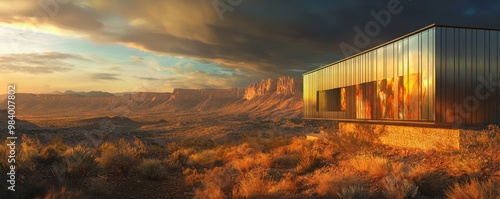 A desert art gallery with James Hardie siding, specifically designed to protect valuable artworks from extreme temperatures and sunlight, set in a striking arid landscape photo